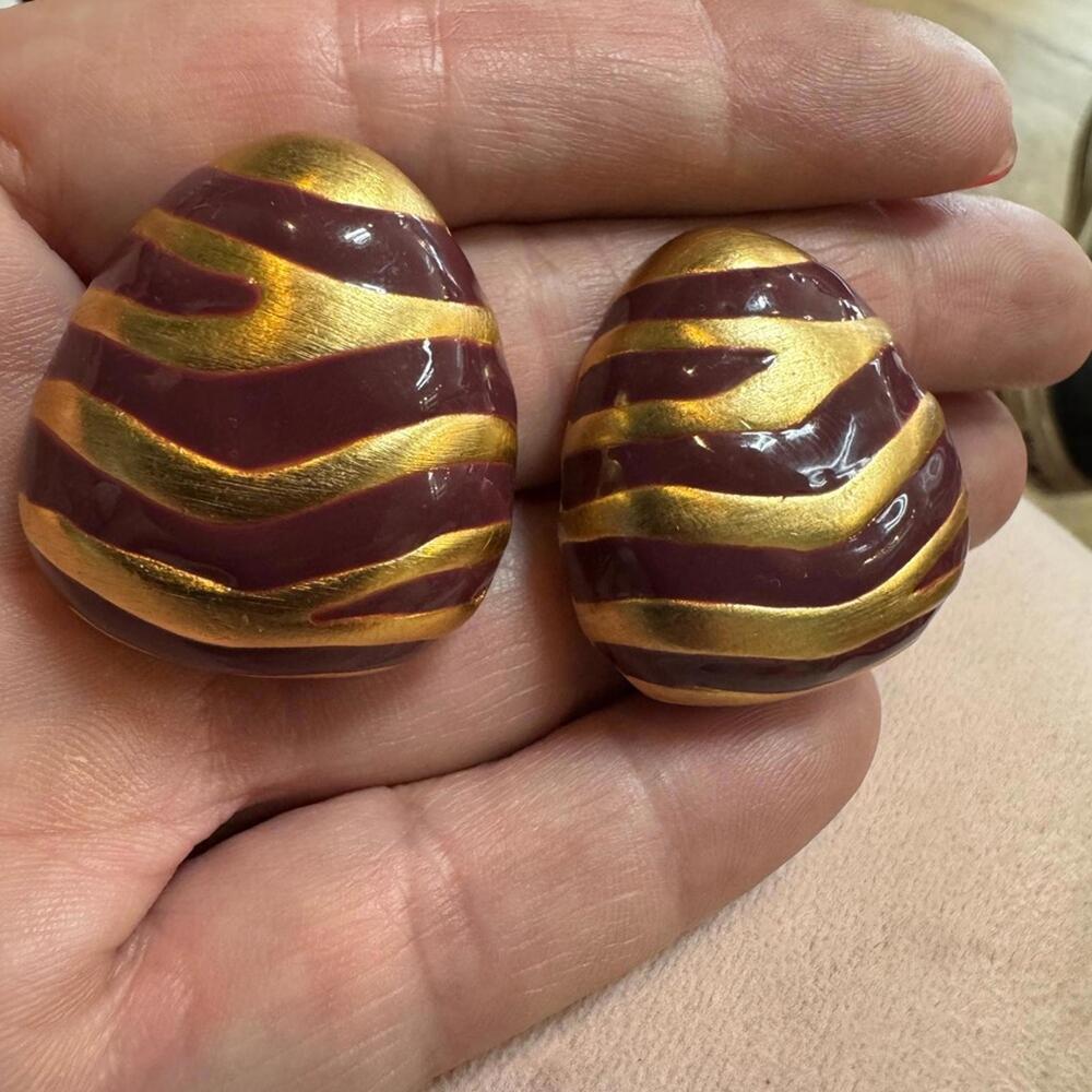 80s Vintage Gold & Plum Zebra Swirl Clip on Earrings